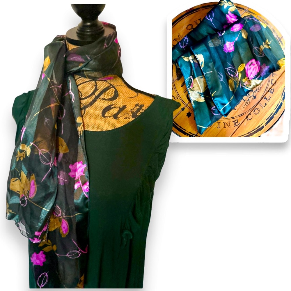 Elegant Divinely Silky Dark Green, Pink & Gold Floral Scarf Cottagecore Twillie